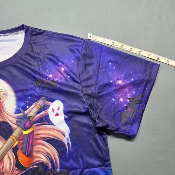 Anime Dark Purple Shirt Woman Witch Graphic Stretch Short Sleeves Men Size L NEW - Picture 8 of 9